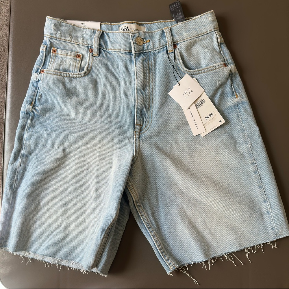 Zara Light Blue Denim Bermuda Shorts with Raw Hem